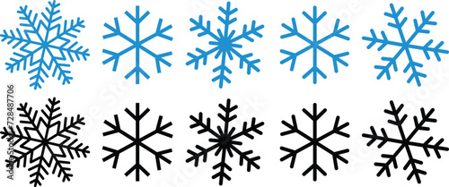 Snowflake winter icon set of black and blue isolated silhouette on transparent background. Flat or line snow vectors, nice element for Christmas banner, cards. New year ornament for app or web design.