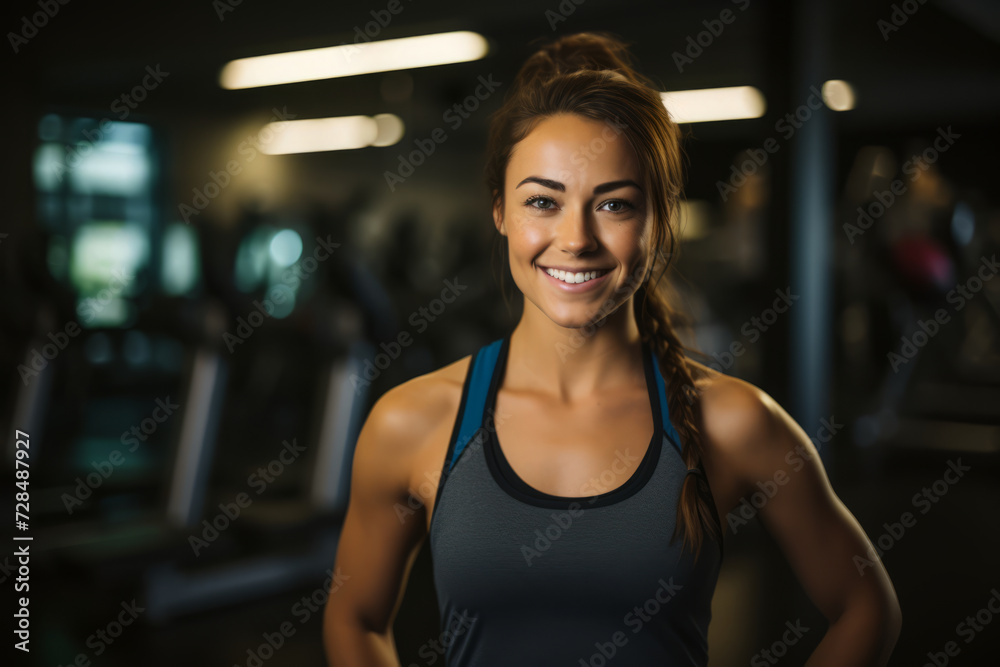 Smiling female Physical Fitness Instructor showcasing her strength and dedication in a well-equipped gym Smiling female Physical Fitness Instructor showcasing her strength and dedication in a well-equipped gym