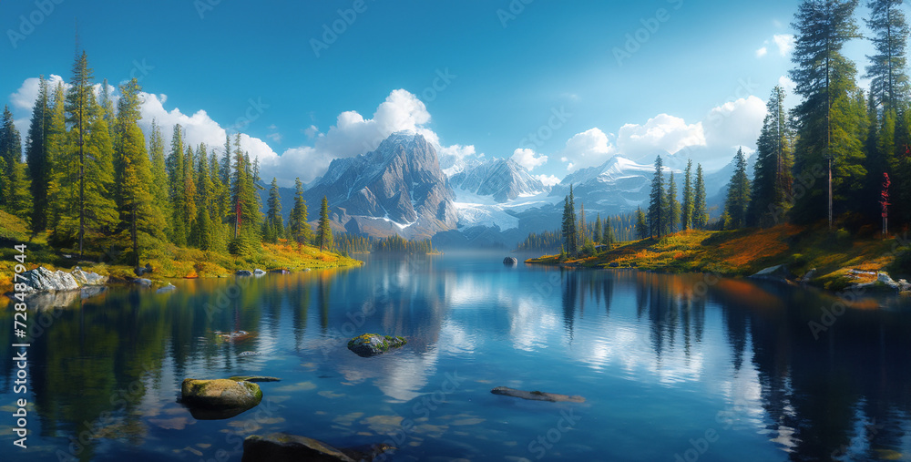 landscape with lake and mountains, lake in the mountains, the tranquility of a secluded mountain