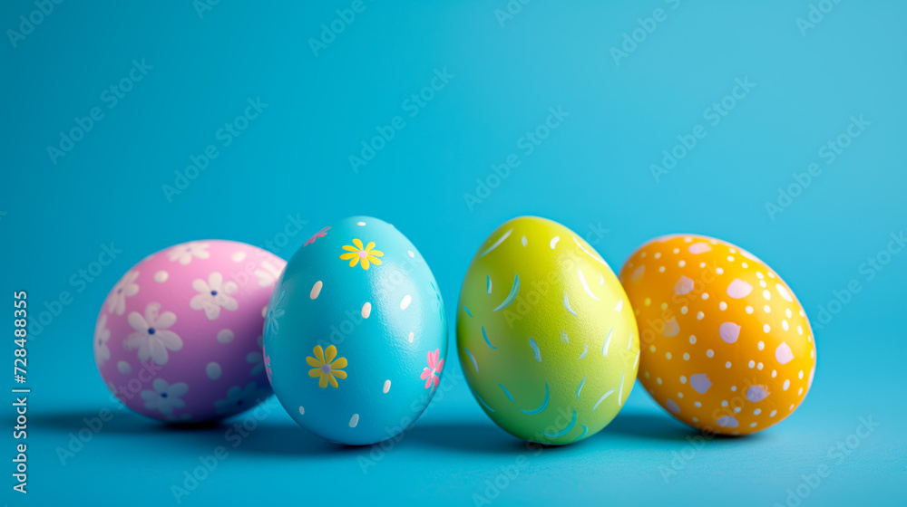 Colorful painted Easter eggs aligned on vibrant blue background, seasonal holiday decorations, Easter concept.

