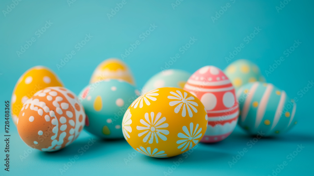 Colorful painted Easter eggs aligned on vibrant blue background, seasonal holiday decorations, Easter concept.
