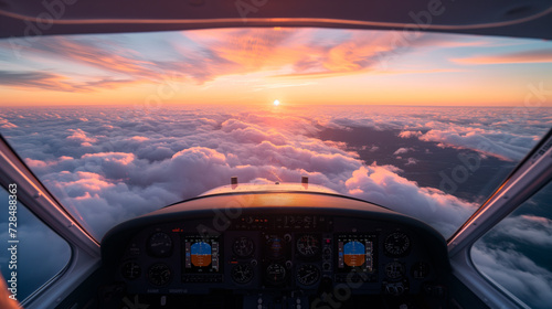 Sunset view from an airplane cockpit, showcasing flight instruments and cloudscape, aviation and travel concept. © henjon
