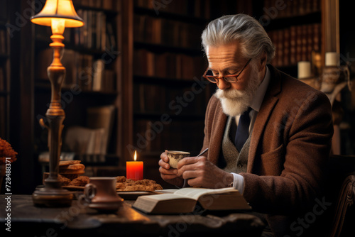 A scholarly man with grey beard and glasses, immersed in a vintage book, wearing a brown tweed vest in a serene library setting
