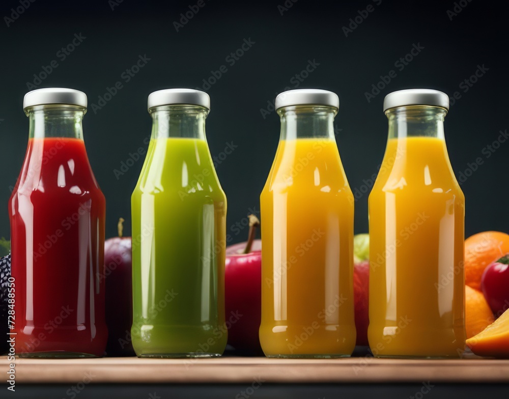 Fruit juices in glass bottles with fresh fruits in the background. Fruit juices in glass bottles with fresh fruits in the background.