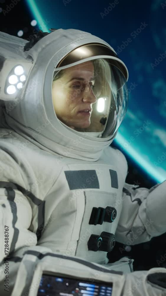 Vertical Screen: Female Astronaut Communicating with Mission Control by Radio Signal, Observing Beautiful Planet Earth From the Outside of a Spacecraft. Space Technology and Exploration Concept Vertical Screen: Female Astronaut Communicating with Mission Control by Radio Signal, Observing Beautiful Planet Earth From the Outside of a Spacecraft. Space Technology and Exploration Concept