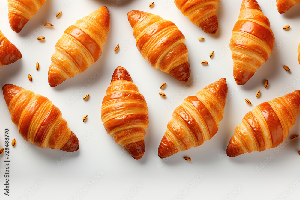 Pattern of fresh French croissants, flat lay