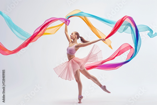 Young beautiful ballerina dancing with colorful ribbons on white background