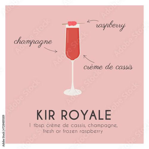 Kir Royale Cocktail, champagne in flute glass garnish with raspberry. Classic alcoholic beverage recipe square banner. Summer french aperitif. Contemporary poster for bar menu. Vector illustration.