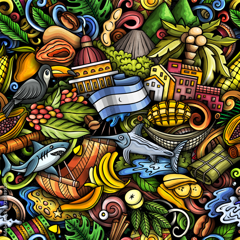 Cartoon doodles Nicaragua seamless pattern