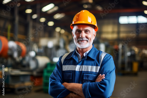 A portrait of an experienced plant manager, overseeing operations in a busy industrial manufacturing plant
