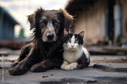 A small kitten snuggled up to a big dog, stray animals on the street, evening twilight, sad dog eyes,