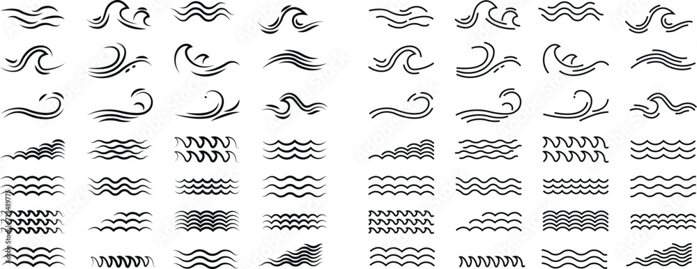 Sea wave icon set. Water logo, line ocean symbol in vector trendy flat style. Various wave water lake river black linear bundle collection package design isolated on transparent background. - obrazy, fototapety, plakaty 