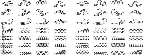 Sea wave icon set. Water logo, line ocean symbol in vector trendy flat style. Various wave water lake river black linear bundle collection package design isolated on transparent background. photo