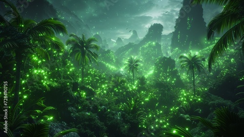Enchanted Nighttime Jungle with Glowing Foliage. Mystical jungle at night  illuminated by bioluminescent plants under a starry sky.