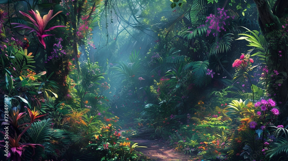 A lush scene of a tropical rainforest floor, focusing on the small, but brightly colored flowers and plants. 