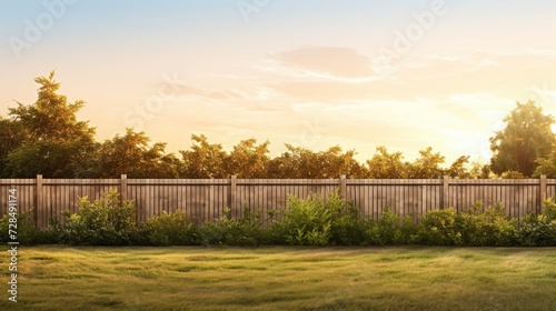 Back Yard Environment Concept. Empty Backyard with Foliage Background and Fence at Sunset 