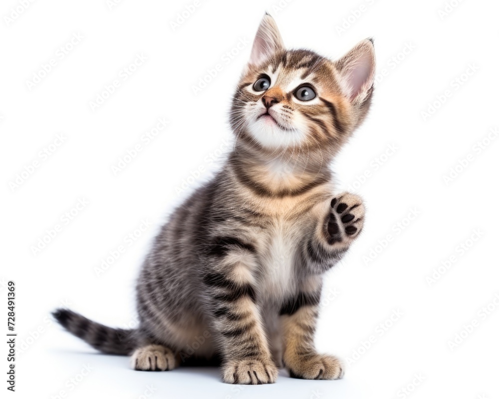 Tabby Kitten giving paw and looking up with a cute expression. Beautiful Scottish Pet Cat
