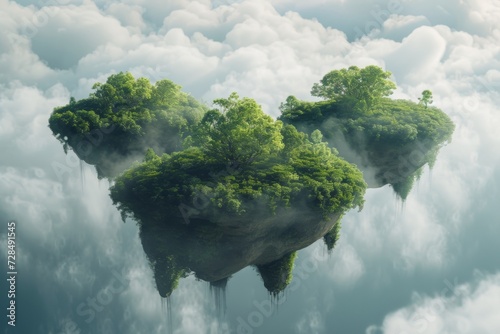 Floating Island Oasis Amidst Clouds. Dreamy floating islands with lush greenery, suspended in a sky of soft clouds.