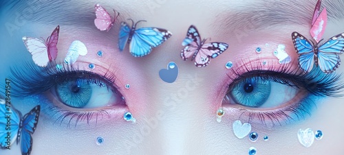 whimsical pretty woman eyes with butterfly sticker and glitter glow diamond dust make up, pink blue tone, naive look, Generative Ai