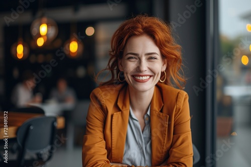 Radiant young businesswoman with striking red hair exudes happiness and professionalism in a contemporary office environment, inspiring success