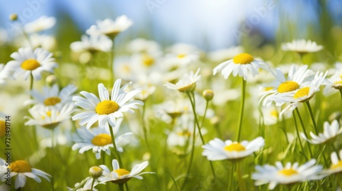 Close up view of Chamomile daisy flowers blooming in a summer meadow