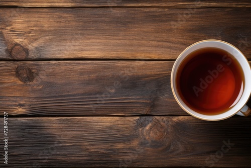 Hot Black Tea Served in a Cup on Wooden Background. A Healthy Beverage for Relaxation. Top View