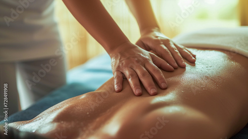 Close up of back massage procedure in spa salon photo
