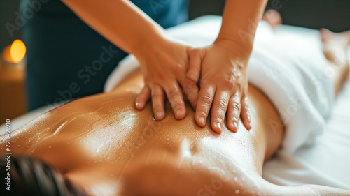Massage in spa. Masseuse applying hard pressure into sore muscles of female client