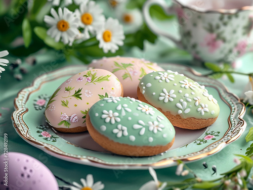 Sweet delicious Easter cookies in the shape of an egg with glaze and a beautiful pattern on a plate decorated with spring flowers