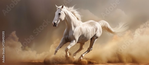 White horse running on dust fantasy background. AI generated image