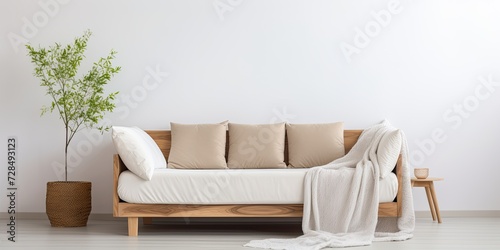 Bright room with white blanket on wooden couch.