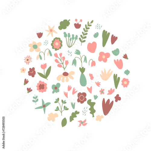 Wallpaper Mural Hand drawn flowers circle composition. Botanical nature spring elements round emblem in doodle style. Modern floral and leaves shapes. Vector illustration Torontodigital.ca