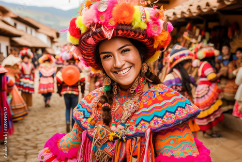 Vibrant image of a young woman in colorful traditional dress smiling during a lively cultural festival parade. © apratim