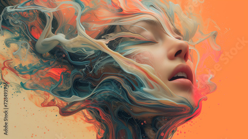  Woman's face with flowing colorful abstract shapes photo