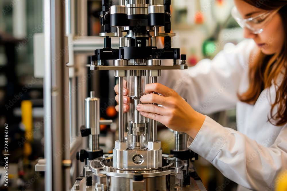 Female scientist adjusting equipment in a high-tech laboratory setting for scientific research. Female scientist adjusting equipment in a high-tech laboratory setting for scientific research.