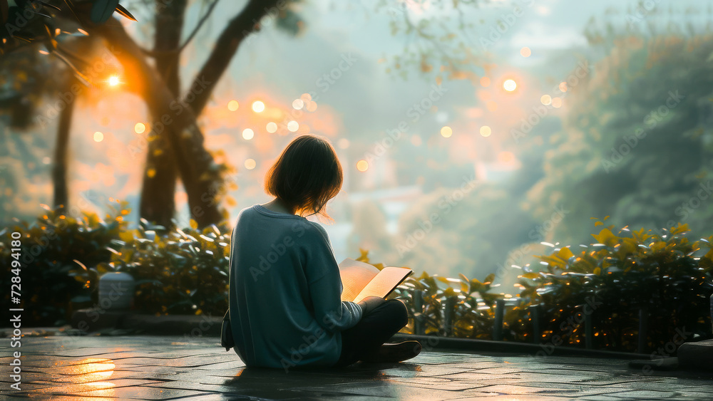 A young woman enjoys reading a book in a serene, sunlit garden, embracing a peaceful moment in nature.
