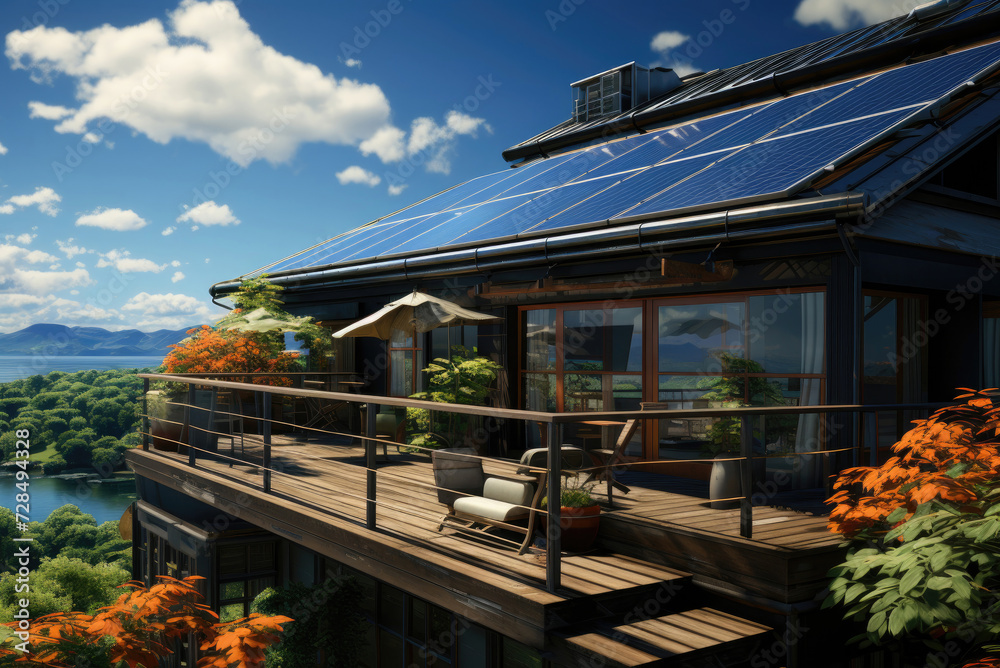 Solar panels on the roof of a house or villa Solar panels on the roof of a house or villa