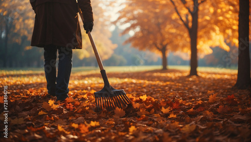 Person rake leaves in autumn