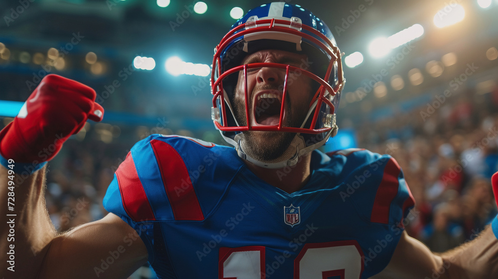 Fototapeta premium Euphoric American Football Player Celebrating Victory on Stadium Field