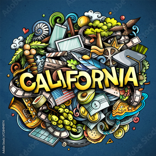 California hand drawn cartoon doodle illustration. Funny USA State design. (ID: 728494974)