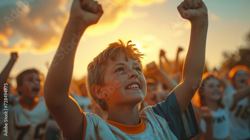 Joyful child with fists pumped in celebration at sunset surrounded by cheering friends.