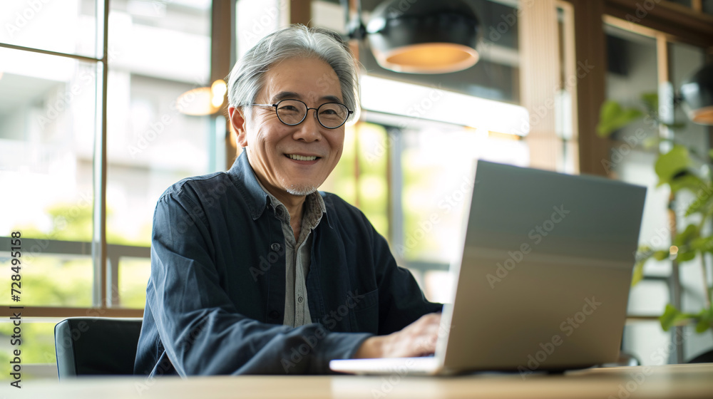 シニアがノートPCと共に笑顔で働く姿 シニアがノートPCと共に笑顔で働く姿