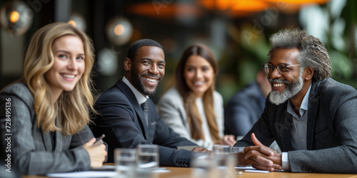 Smiling group of diverse businesspeople working together around a meeting table in an office complex lobby.