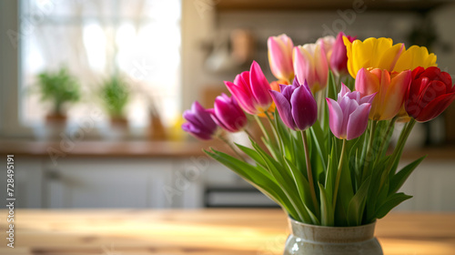 春の息吹を感じるカラフルなチューリップの花束とテーブル