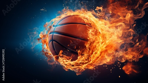 Flying basketball with fire flames.