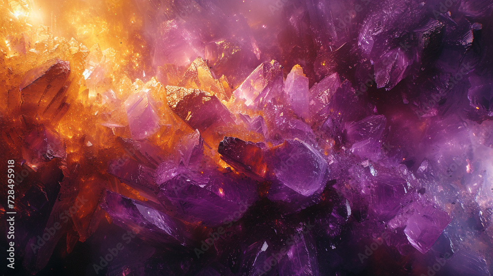 A captivating blend of amethyst and amber paints a mysterious abstract scene, inviting viewers to explore its enigmatic depths. 