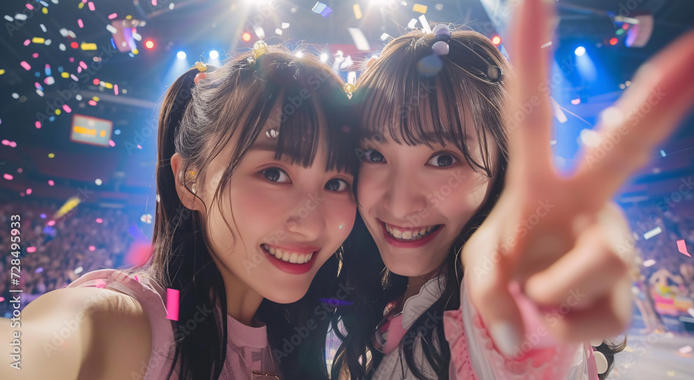 コンサートを楽しむ笑顔あふれる若い日本人女性たちのセルフィー コンサートを楽しむ笑顔あふれる若い日本人女性たちのセルフィー