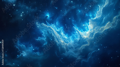 A celestial masterpiece in shades of indigo and silver, resembling a cosmic voyage through an endless nebula.  © Adnan Bukhari