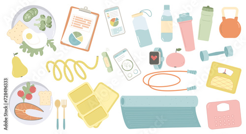 Gym and sport stuff. Healthy lifestyle set. Diet plan elements collection. Food and fitness items. Weight loss control. Vector flat illustration isolated on white background