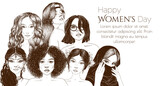 Vector illustration for International Women's Day. Set of 7 girls of different nationalities in engraving style